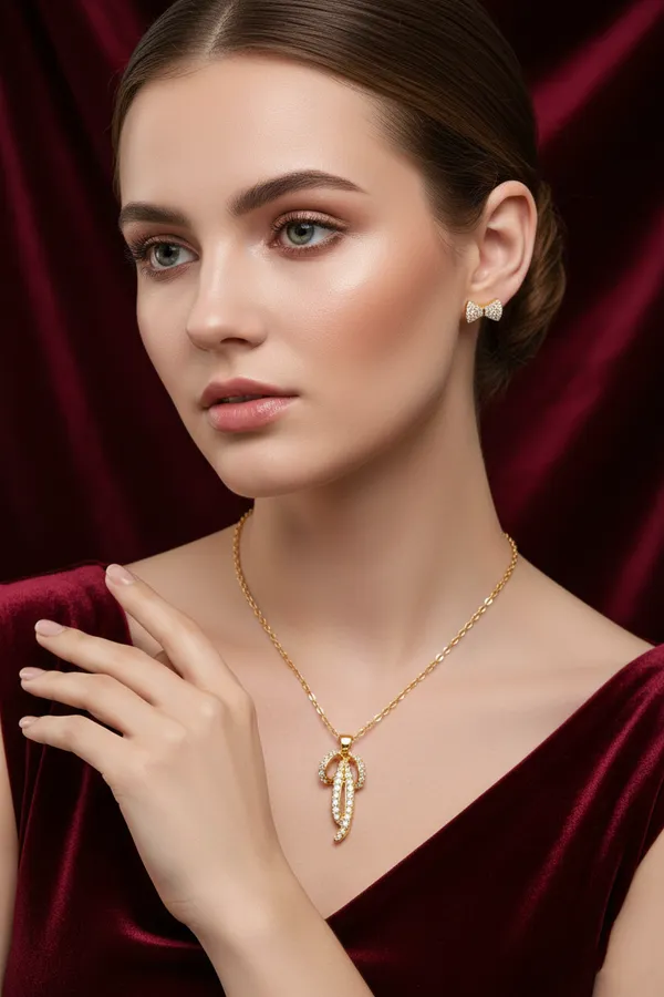 Gold_Plated_Crystal_Studded_Pendant_Necklace_With_Bow_Earrings_Jewellery_Set_For_Women