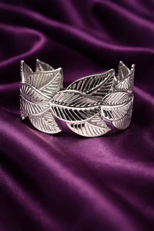 Silver_Elegant_Toned_Leaf_Design_Adjustable_Cuff_Bracelet_For_Women