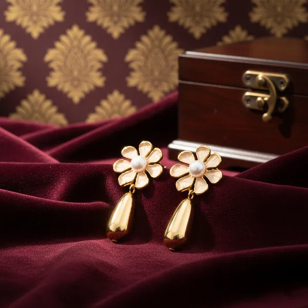 Golden_Flower_Drop_Earrings_With_Pearl_Center_For_Women