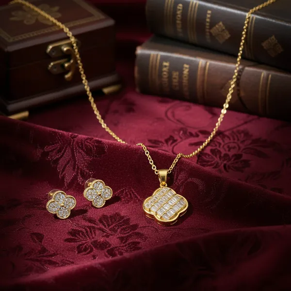 Golden_Elegant_Gold_Plated_Floral_Quatrefoil_Pendant_Necklace_And_Earrings_Set_With_Cubic_Zirconia_Stones_For_Women