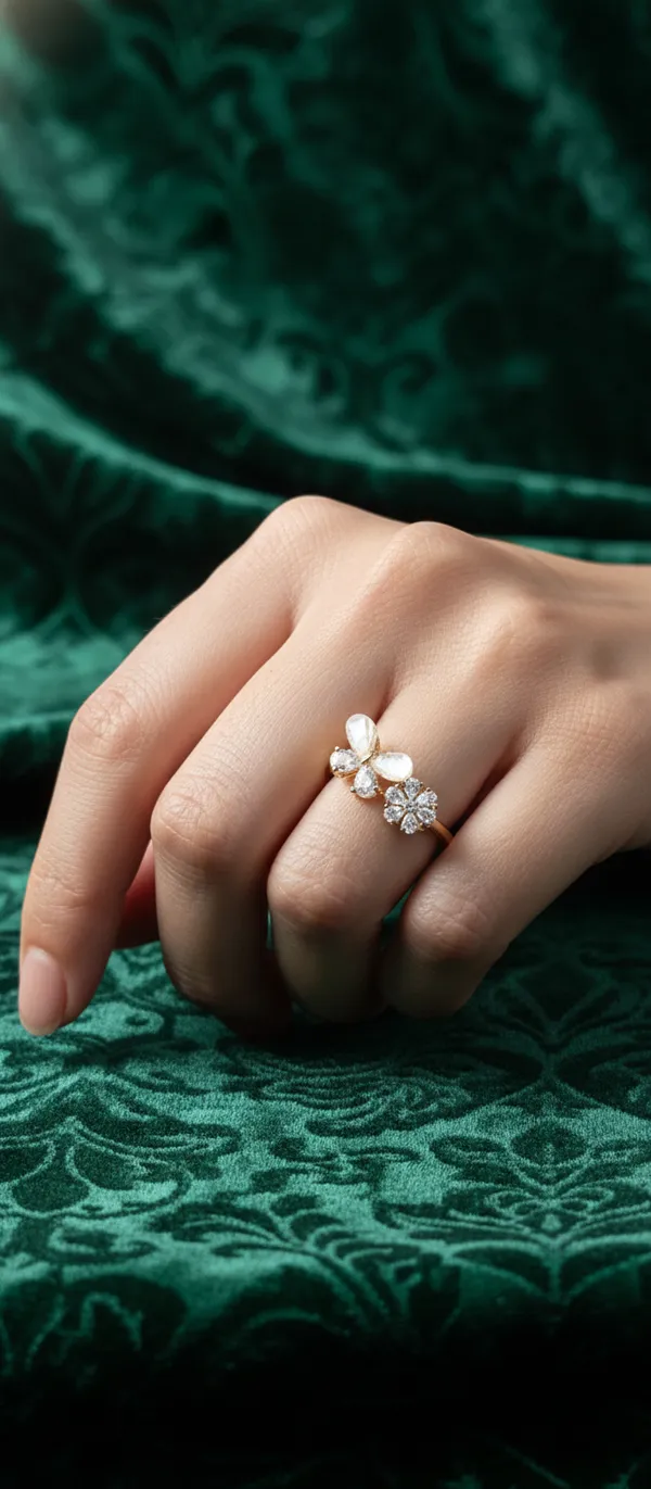 White_Elegant_Butterfly_And_Flower_Open_Ring_With_Rose_Gold_Finish_For_Women
