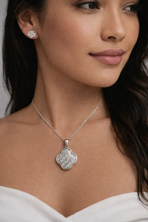 White_Elegant_Clover_Shaped_Crystal_Pendant_Necklace_With_Matching_Earrings_Set_For_Women