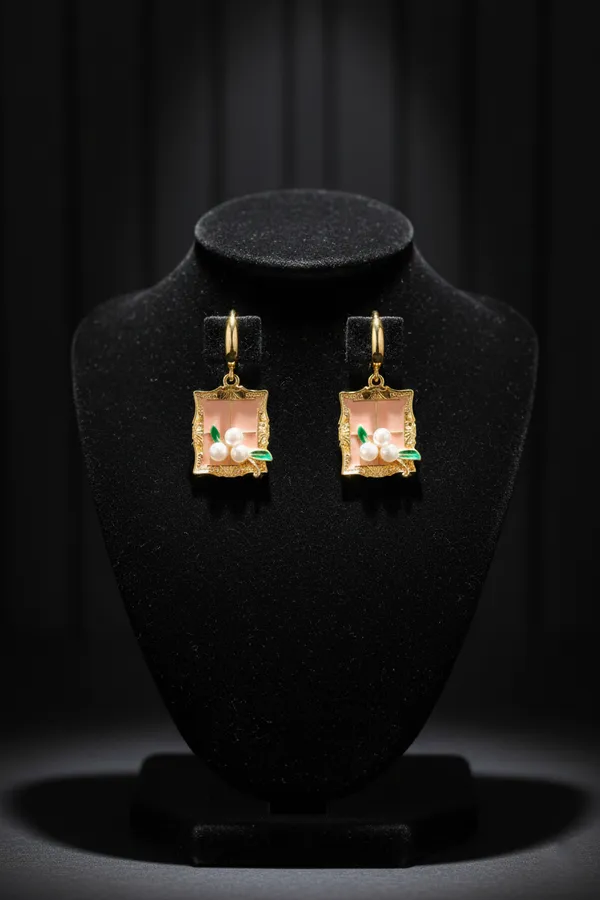 Multicolour_Elegant_Gold_Plated_Floral_Pearl_Frame_Earrings_With_Green_Enamel_Accents_For_Women