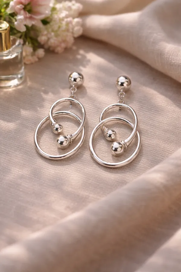 Silver_Interlocking_Circle_Tone_Drop_Earrings_With_Ball_Accents_For_Women