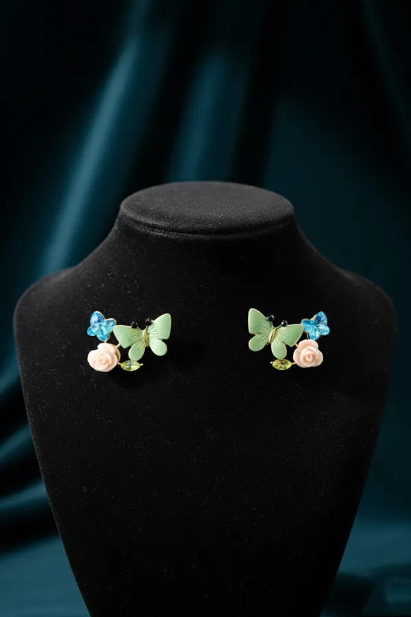 Multicolour_Butterfly_And_Floral_Stud_Earrings_Green,_Pink_Blue_For_Women