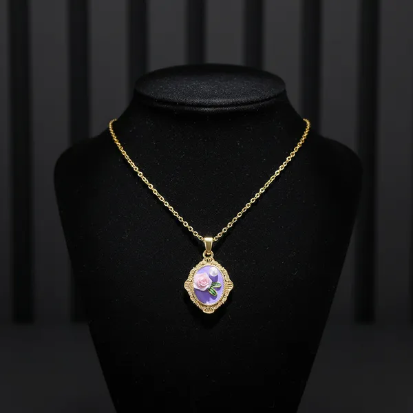 White_Elegant_Gold_Plated_Rose_Pendant_Necklace_With_Purple_Enamel_Delicate_Floral_Design_For_Women