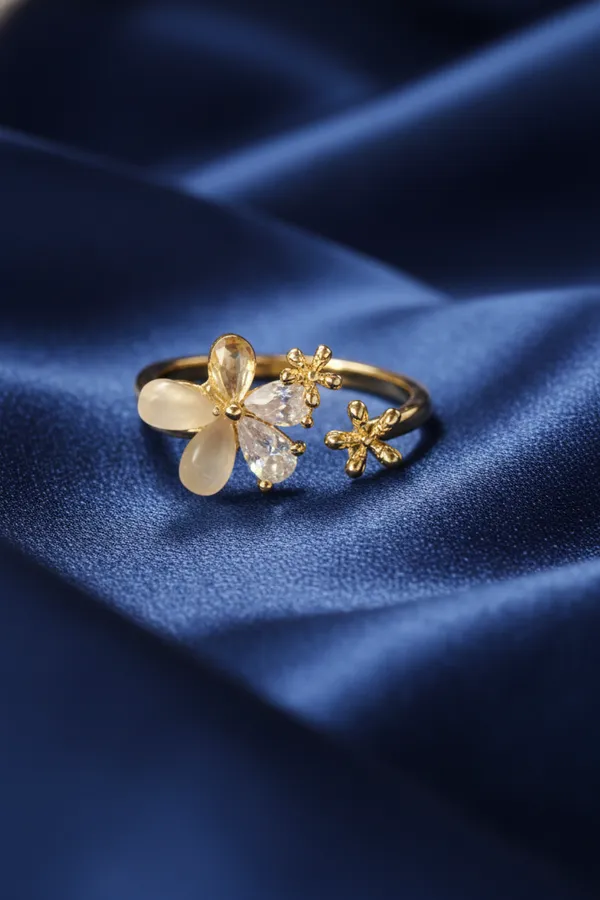 Golden_Elegant_Floral_Crystal_Ring_Gold_Plated_Adjustable_With_White_And_Champagne_Stones_For_Women