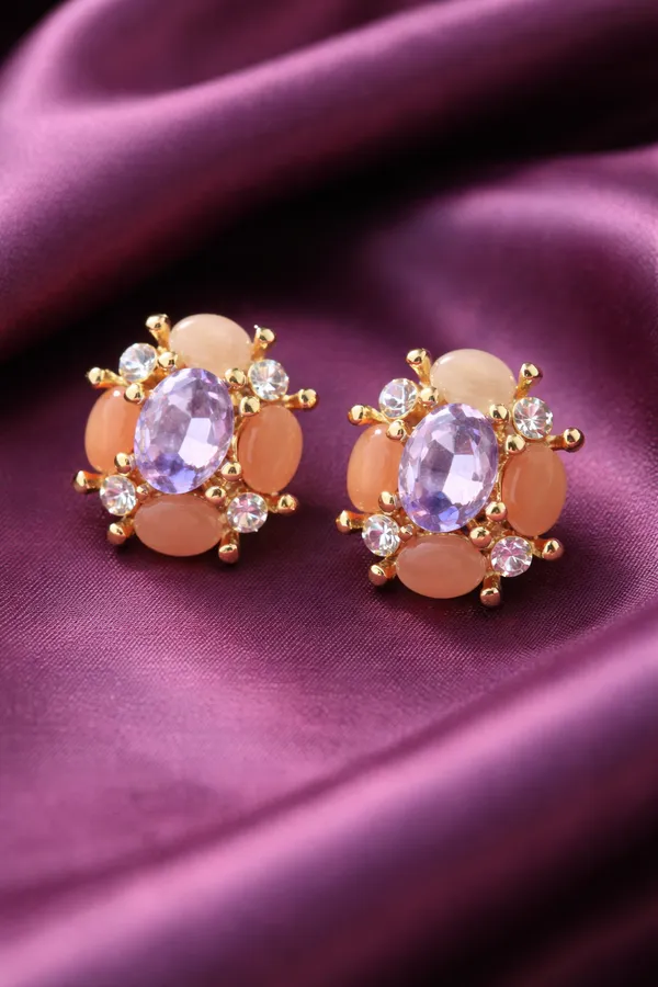 White_And_Orange_Elegant_Purple_Gemstone_Cluster_Stud_Earrings_With_Peach_Accents_For_Women
