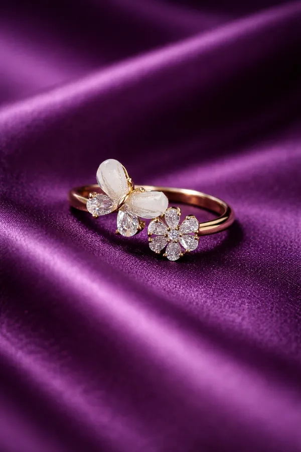 White_Elegant_Butterfly_And_Flower_Open_Ring_With_Rose_Gold_Finish_For_Women