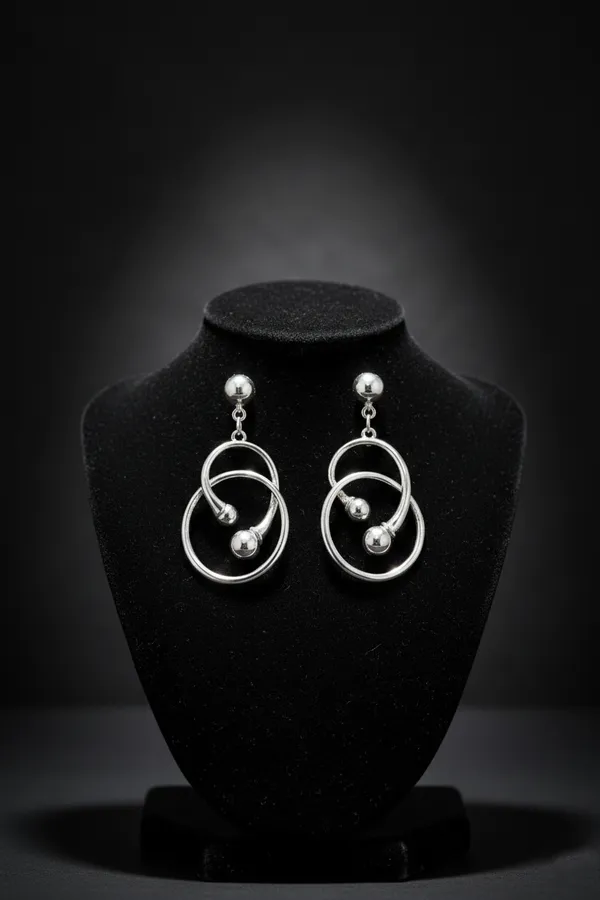 Silver_Interlocking_Circle_Tone_Drop_Earrings_With_Ball_Accents_For_Women
