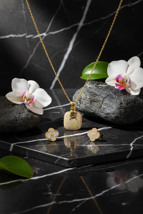 Gold_Plated_Cubic_Zirconia_Lock_Pendant_Necklace_And_Clover_Stud_Earrings_Set_For_Women