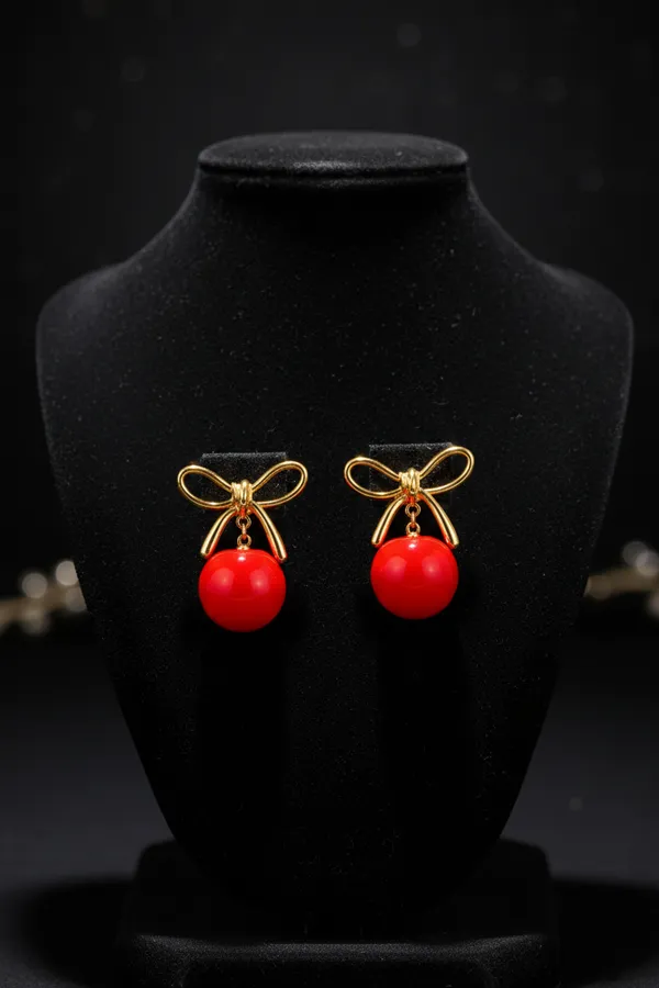 Red_Elegant_Cherry_Drop_Earrings_With_Golden_Bow_For_Women