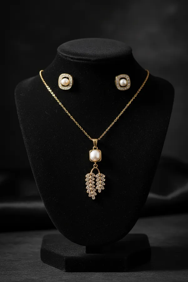 Off_White_Elegant_Pearl_And_Leaf_Pendant_Necklace_With_Matching_Stud_Earrings_Set_For_Women