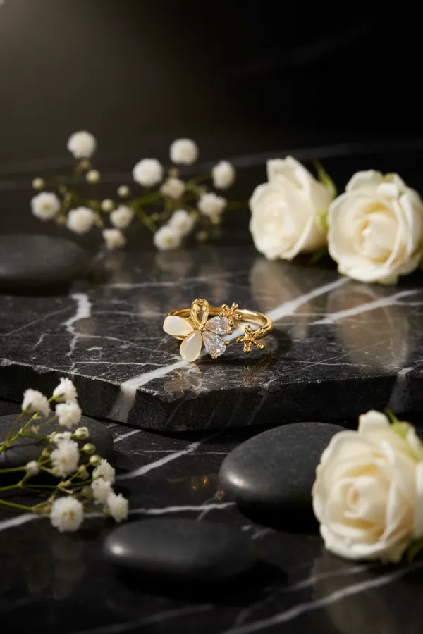 Golden_Elegant_Floral_Crystal_Ring_Gold_Plated_Adjustable_With_White_And_Champagne_Stones_For_Women