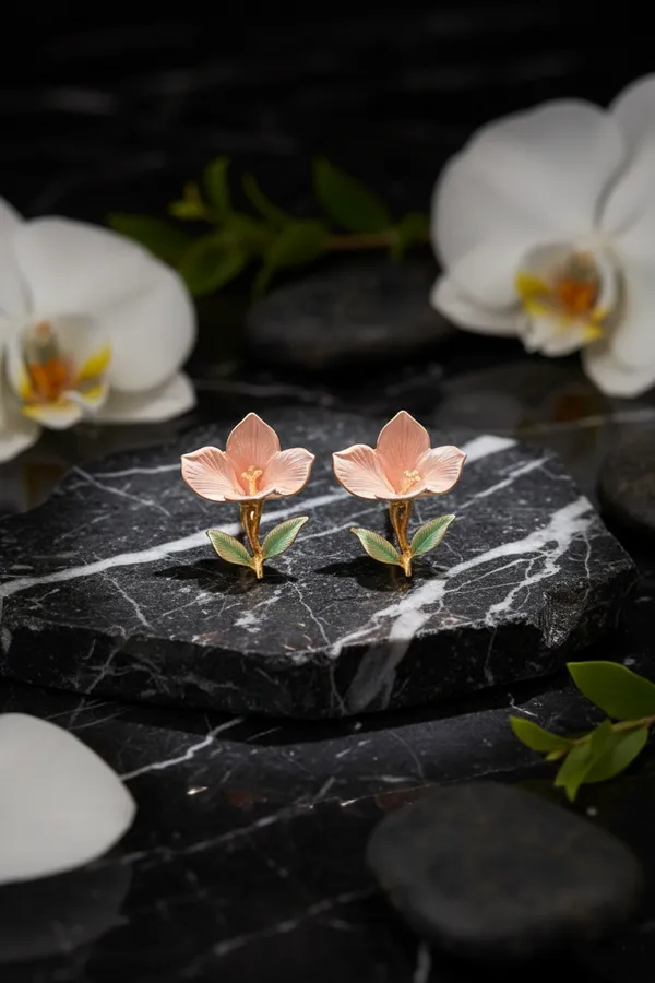 Pink_And_Green_Elegant_Floral_Stud_Earrings_With_Petals_Leaves_For_Women