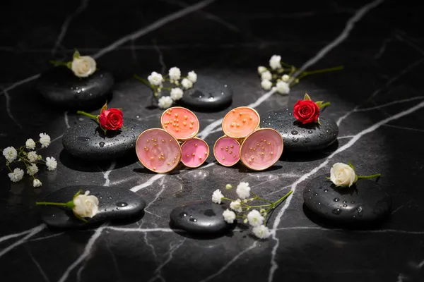 Pink_And_Orange_Enamel_Circle_Stud_Earrings_With_Gold_Dots_For_Women