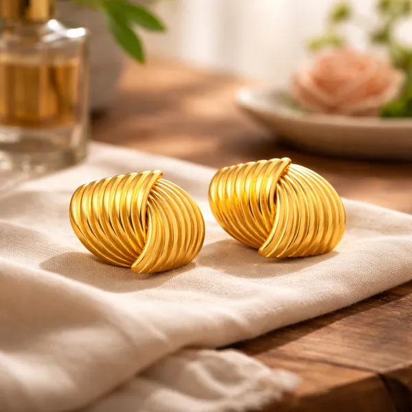 Golden_Elegant_Gold_Plated_Ribbed_Shell_Stud_Earrings_For_Women