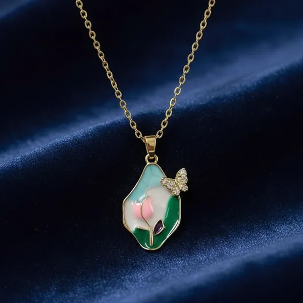 Multicolour_Elegant_Floral_Enamel_Pendant_Necklace_With_Butterfly_Accent_For_Women
