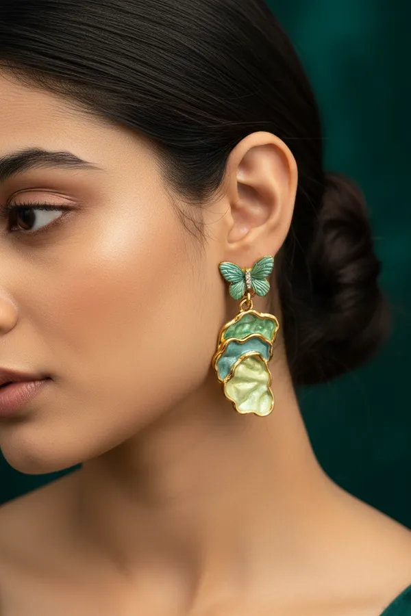 Green_Butterfly_Layered_Drop_Earrings_With_Gold_Trim_For_Women