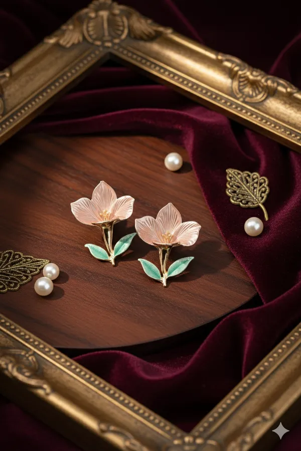 Pink_Flower_Stud_Earrings_With_Green_Leaves_And_Gold_Finish_For_Women