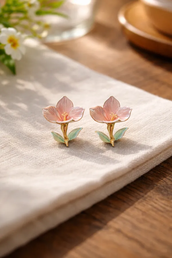 Pink_And_Green_Elegant_Floral_Stud_Earrings_With_Petals_Leaves_For_Women