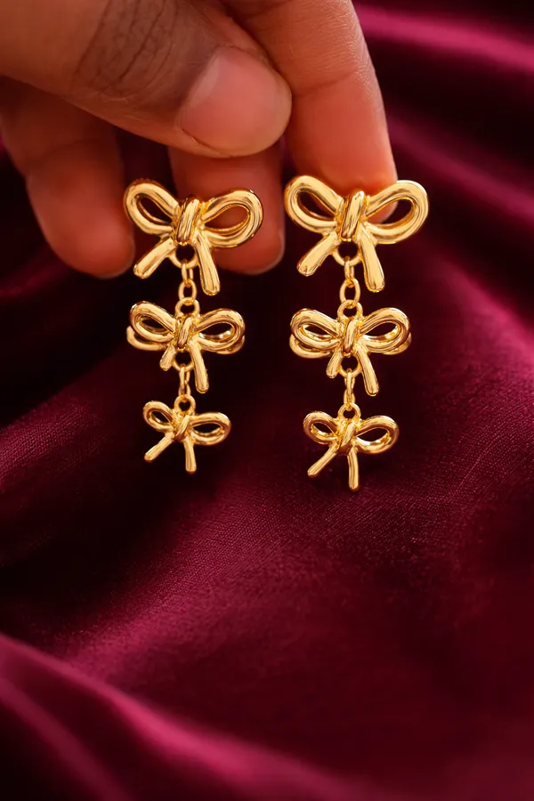 Golden_Triple_Bow_Drop_Earrings_For_Women