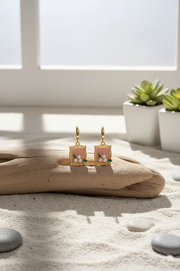 Multicolour_Elegant_Gold_Plated_Floral_Pearl_Frame_Earrings_With_Green_Enamel_Accents_For_Women