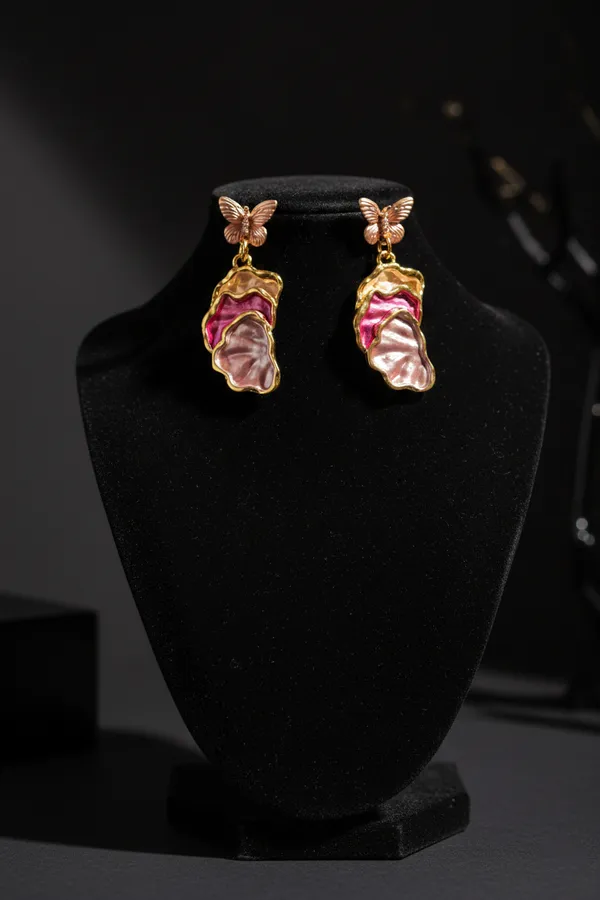 Pink_Butterfly_Shell_Drop_Earrings_With_Gold_Trim_For_Women
