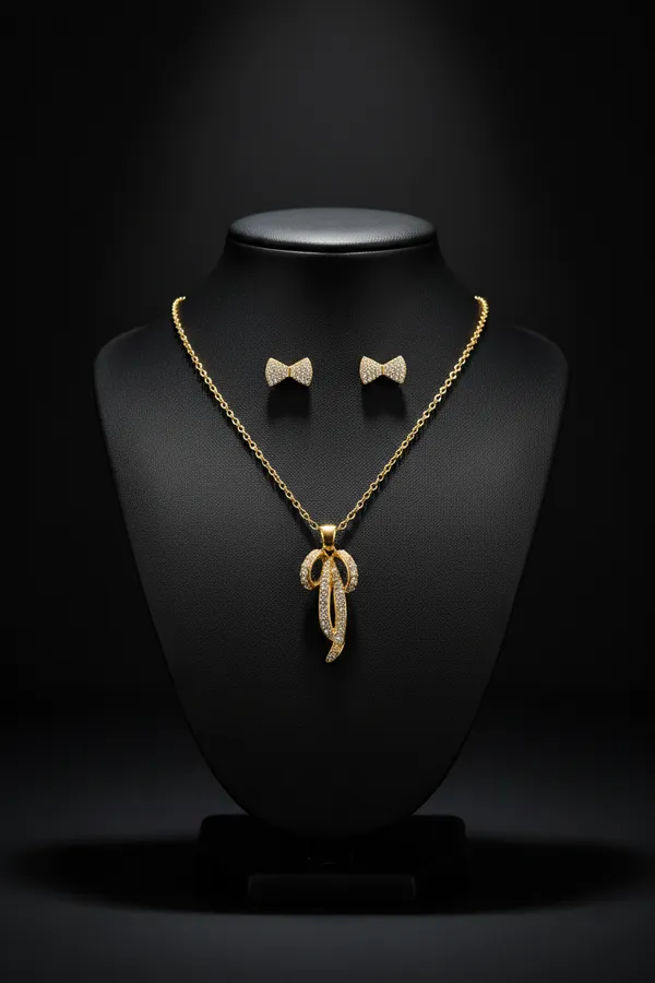 Gold_Plated_Crystal_Studded_Pendant_Necklace_With_Bow_Earrings_Jewellery_Set_For_Women