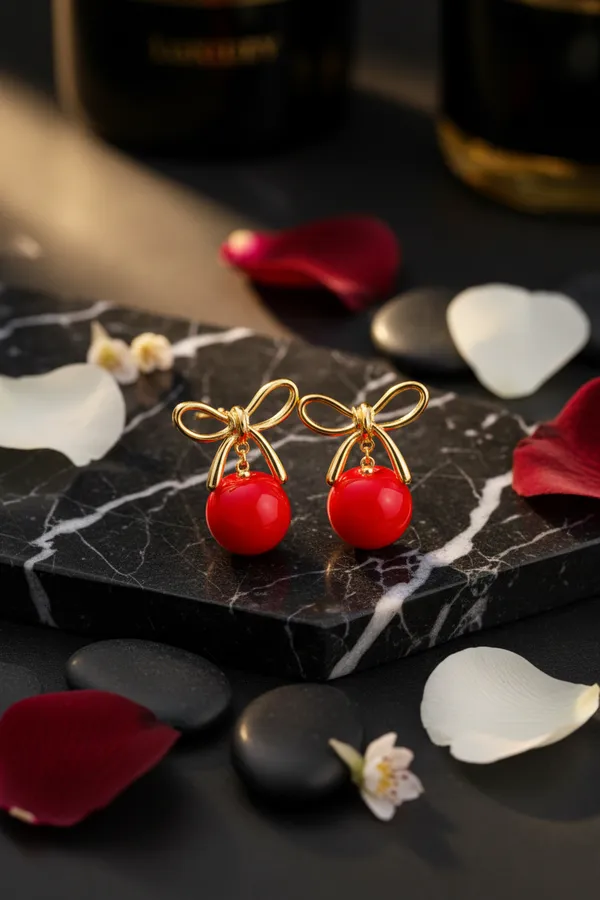 Red_Elegant_Cherry_Drop_Earrings_With_Golden_Bow_For_Women