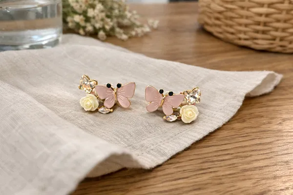 White_Pink_Butterfly_And_Rose_Stud_Earrings_With_Crystal_Accents_For_Women