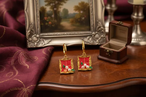 Red_Floral_Window_Frame_Enamel_Dangle_Earrings_For_Women