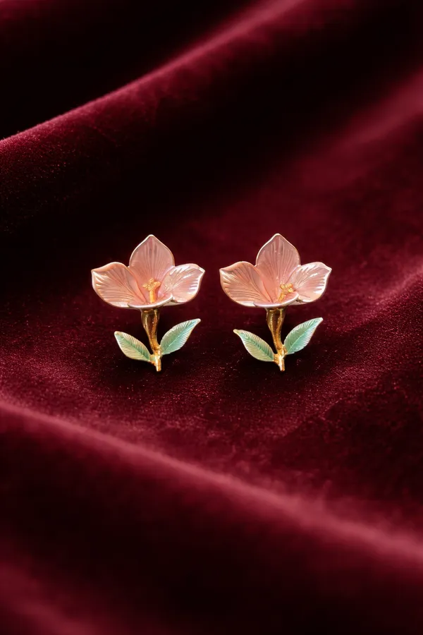 Pink_And_Green_Elegant_Floral_Stud_Earrings_With_Petals_Leaves_For_Women