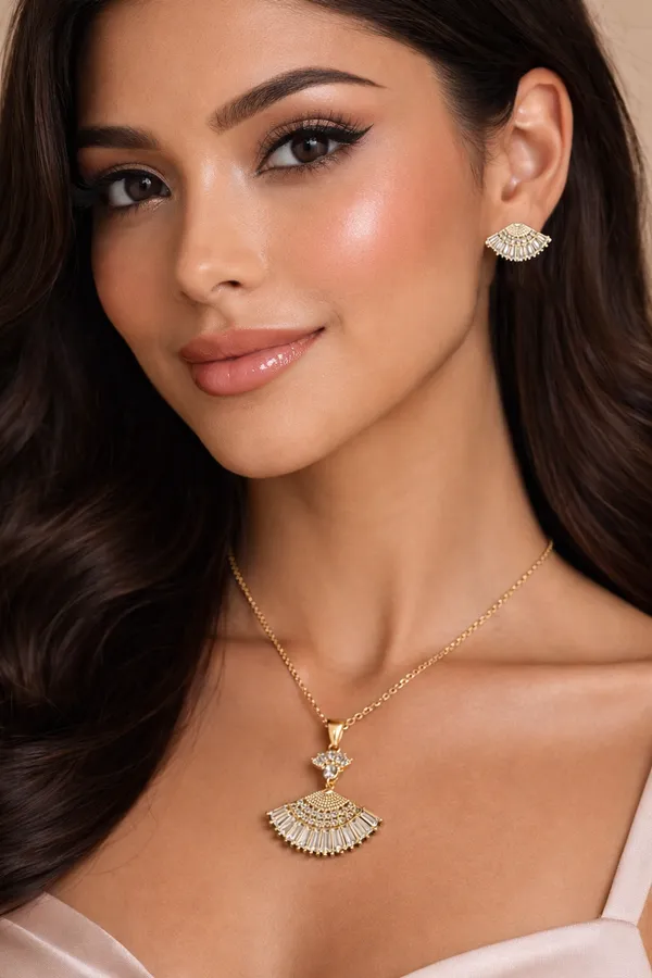 Golden_Elegant_Fan_Shaped_Cz_Pendant_Necklace_Set_With_Matching_Earrings_Gold_Plated_For_Women