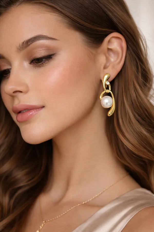 White_Golden_Wave_Pearl_Drop_Earrings_Elegant_Gold_Plated_Stud_With_For_Women