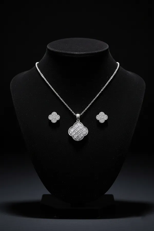 White_Elegant_Clover_Shaped_Crystal_Pendant_Necklace_With_Matching_Earrings_Set_For_Women
