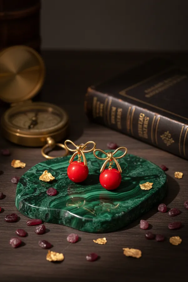 Red_Elegant_Cherry_Drop_Earrings_With_Golden_Bow_For_Women