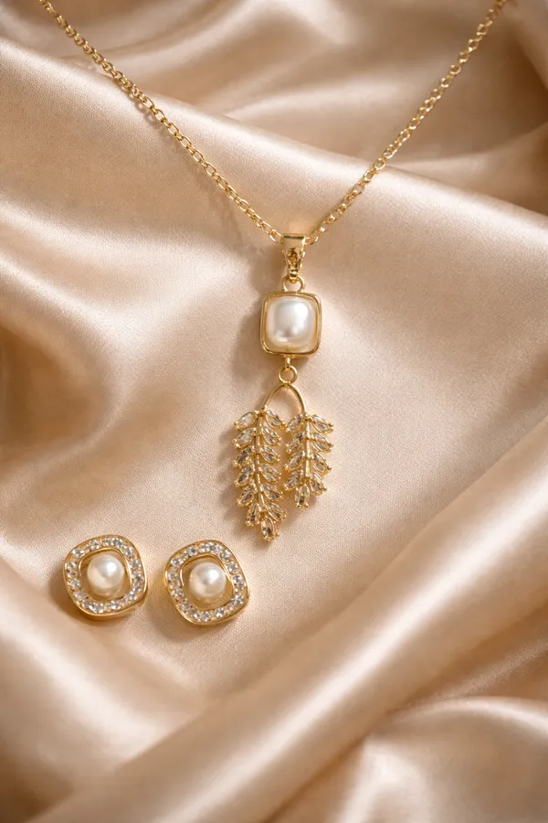 Off_White_Elegant_Pearl_And_Leaf_Pendant_Necklace_With_Matching_Stud_Earrings_Set_For_Women