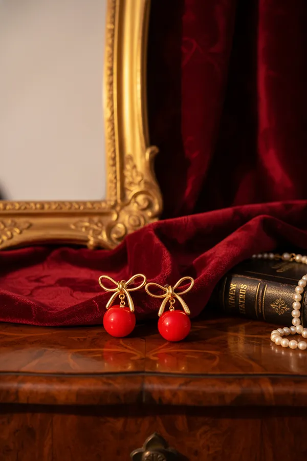 Red_Elegant_Cherry_Drop_Earrings_With_Golden_Bow_For_Women