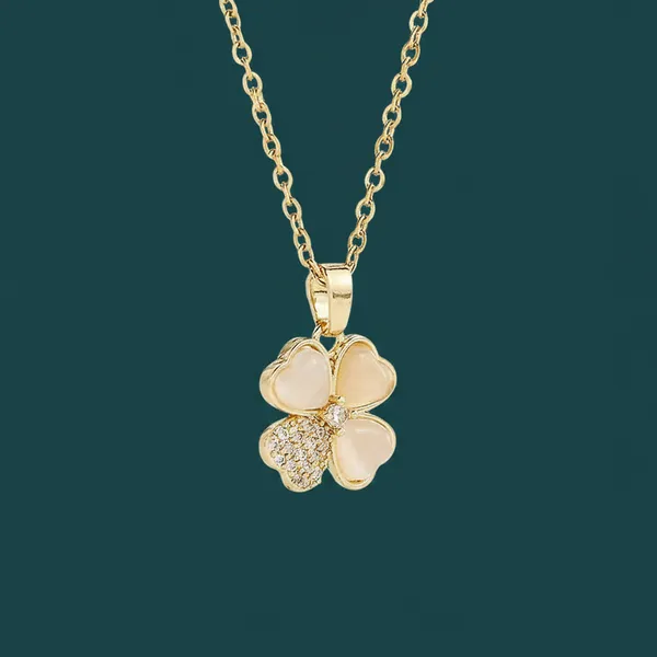 White_Gold_Plated_Four_Leaf_Clover_Pendant_Necklace_With_Cat_Eye_Stones_For_Women