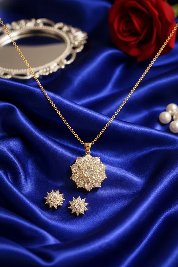 White_Elegant_Gold_Plated_Floral_Crystal_Pendant_Necklace_And_Earrings_Set_For_Women