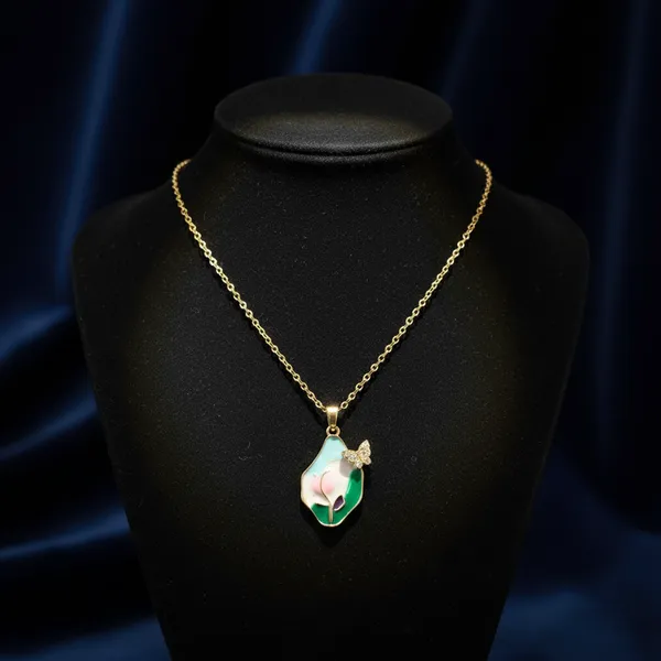 Multicolour_Elegant_Floral_Enamel_Pendant_Necklace_With_Butterfly_Accent_For_Women