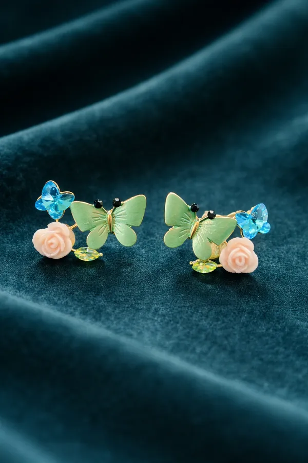 Multicolour_Butterfly_And_Floral_Stud_Earrings_Green,_Pink_Blue_For_Women