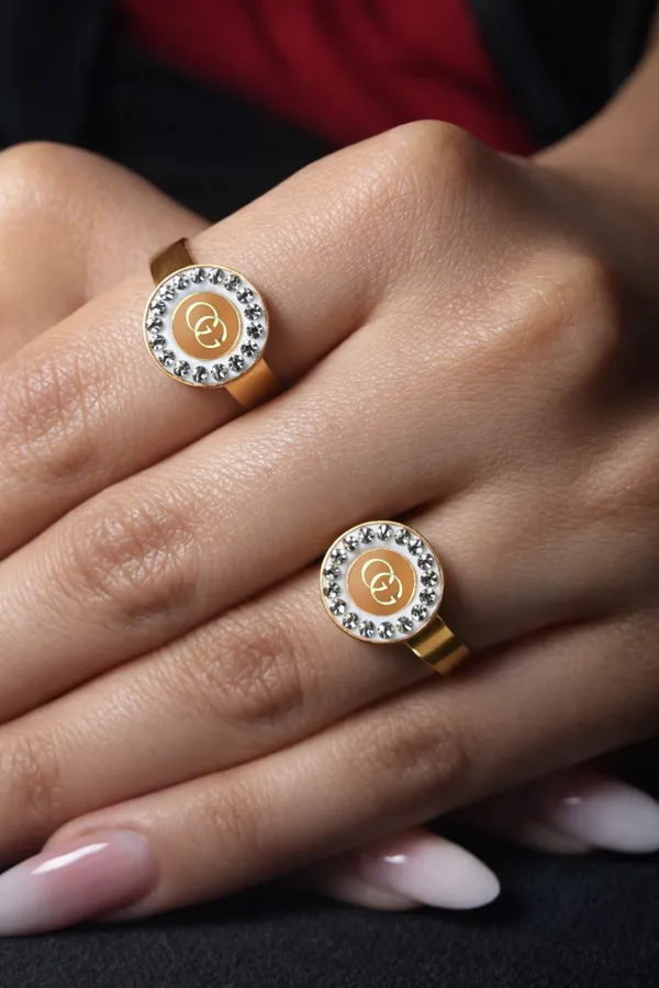 White_And_Light_Orange_Interlocking_Gg_Logo_Ring_With_Crystal_Border_Adjustable_Fashion_For_Women