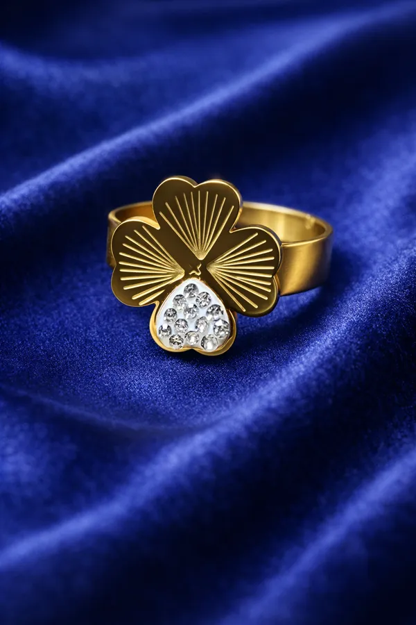 Golden_Four_Leaf_Clover_Gold_Plated_Ring_With_Crystal_Accents_For_Women
