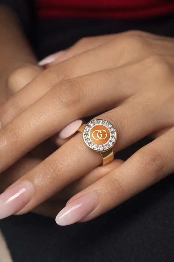 White_And_Light_Orange_Interlocking_Gg_Logo_Ring_With_Crystal_Border_Adjustable_Fashion_For_Women