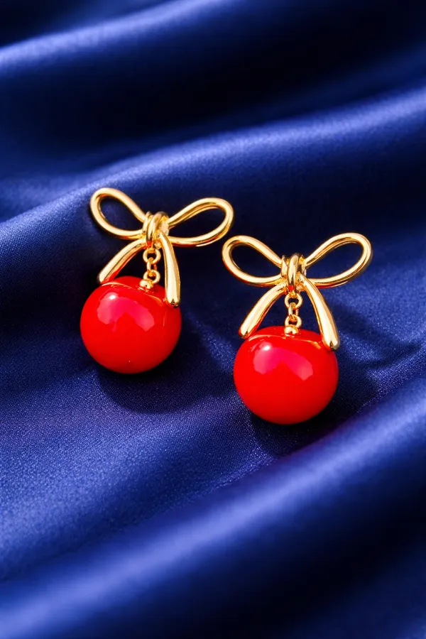 Red_Elegant_Cherry_Drop_Earrings_With_Golden_Bow_For_Women