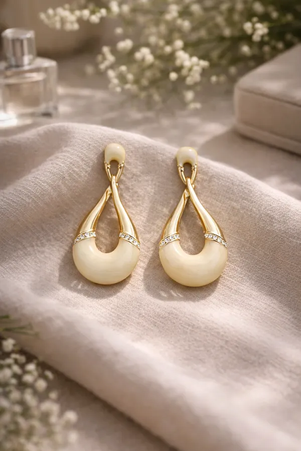 White_Elegant_Cream_Drop_Earrings_With_Gold_Accents_And_Crystal_Embellishments_For_Women