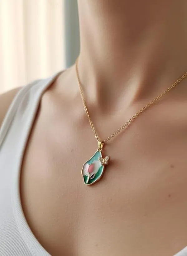 Multicolour_Elegant_Floral_Enamel_Pendant_Necklace_With_Butterfly_Accent_For_Women