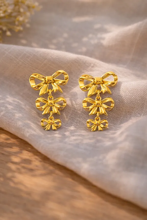 Golden_Triple_Bow_Drop_Earrings_For_Women